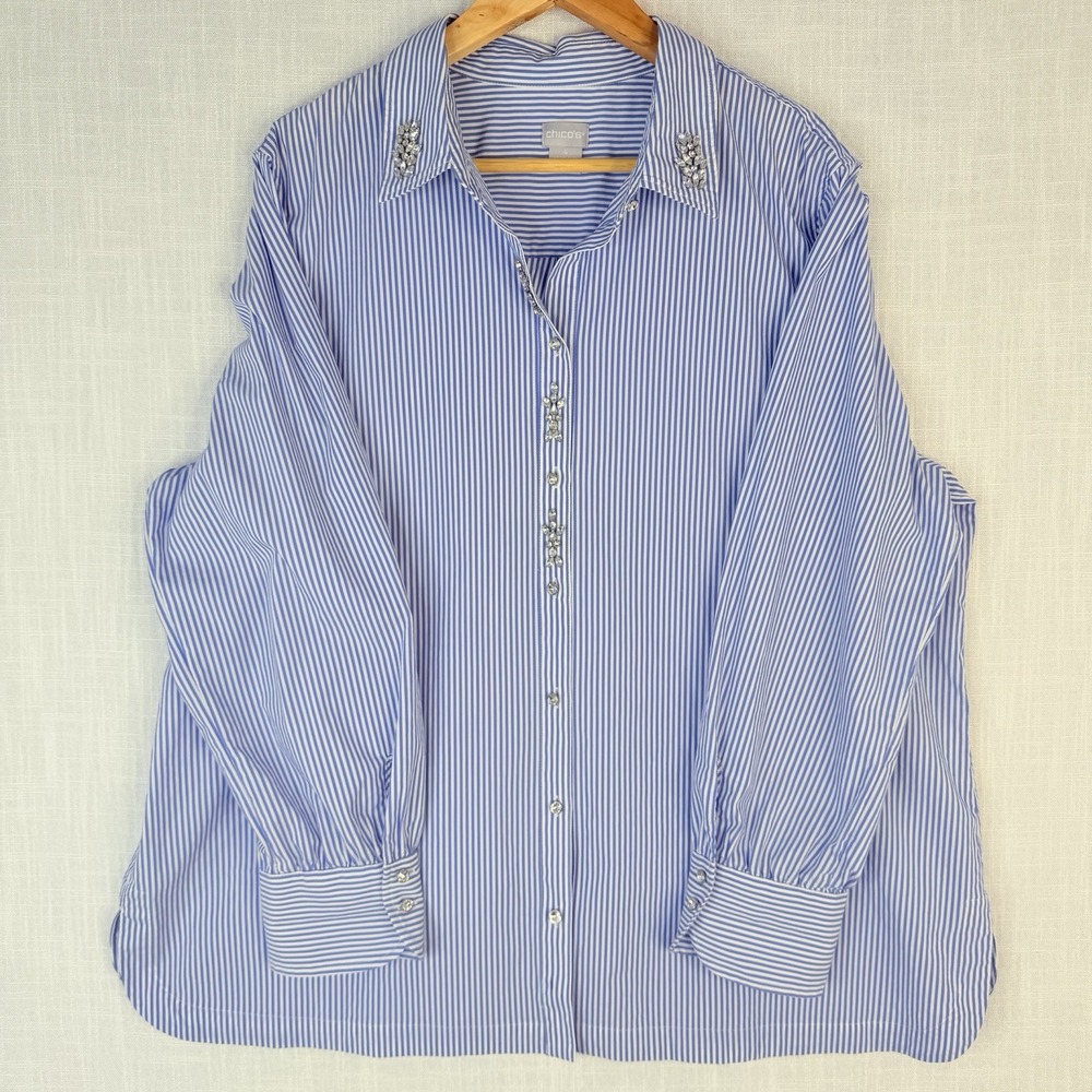 Chicos Blue White Pinstripe Embellished Shirt Rhinestone Jewel Collar Top Size 4
